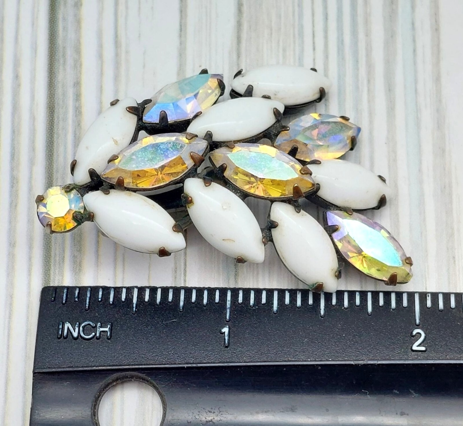 La Roco VINTAGE Milk Glass & AB Navette Crystal Clip On Earrings Large Climbers