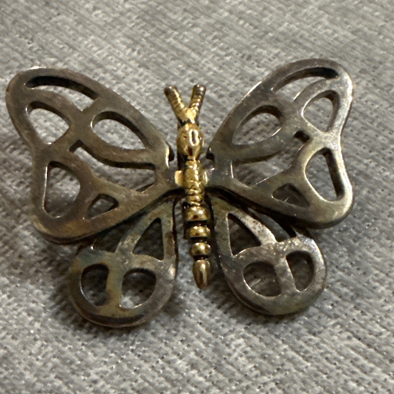 VTG Large mixed metal butterfly pendant Modernist Silver Gold Silver Plate