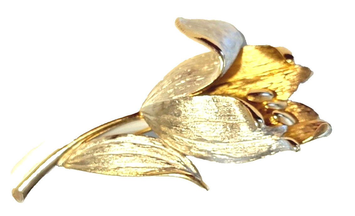 Calla Lily Flower Brooch Pin Vintage Large Silver- Gold tone Floral 2.5″ fb1-82
