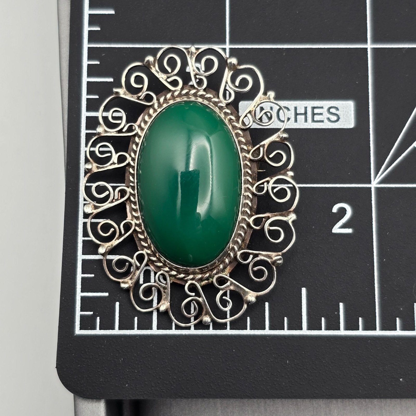 Vintage Mexican Sterling Silver Brooch Green Onyx Pendant 925 Filigree Statement