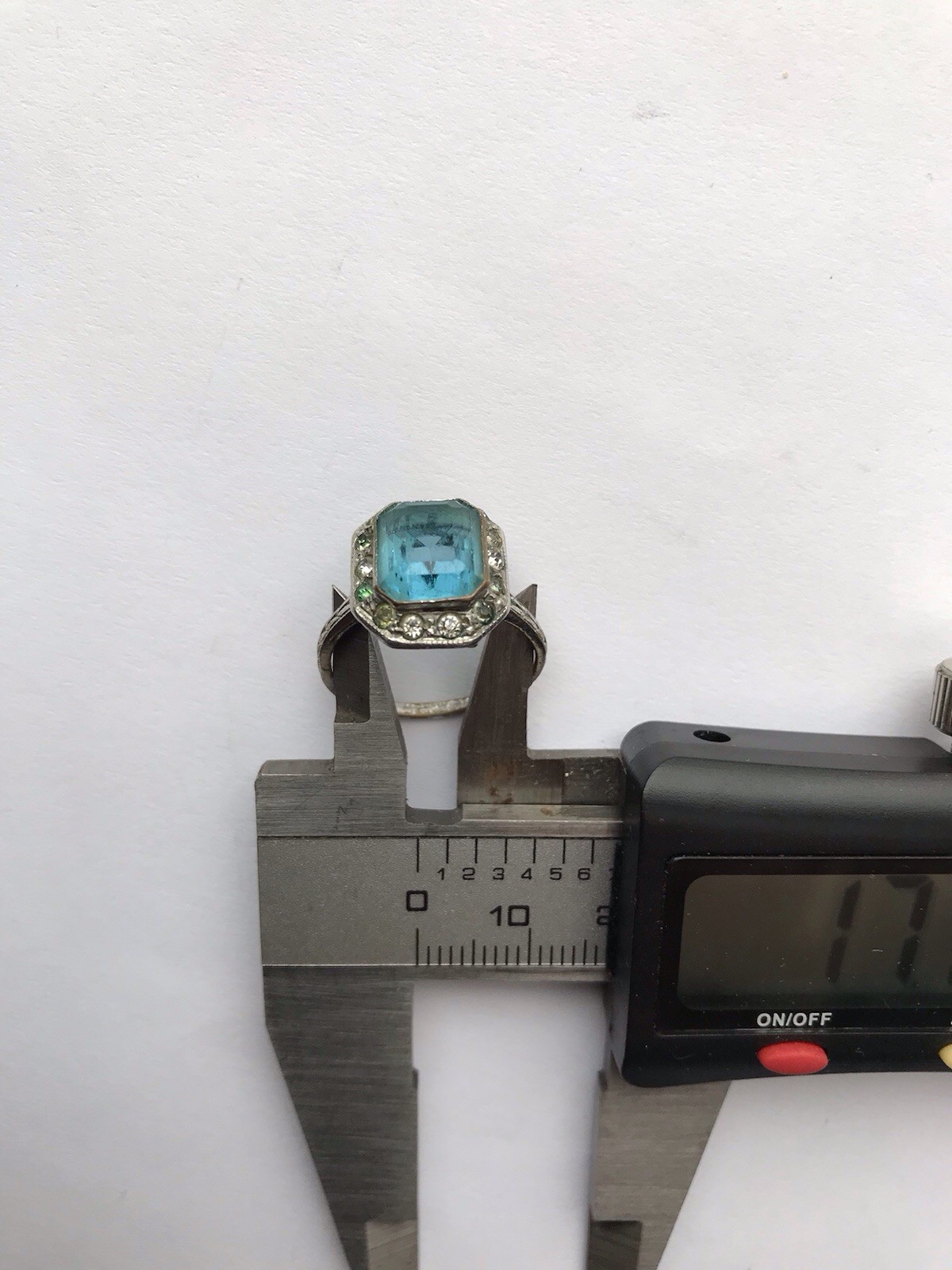 Vintage Art Deco Blue Crystal Ring Green & Clear Surround Approx Size 6.5 Silver