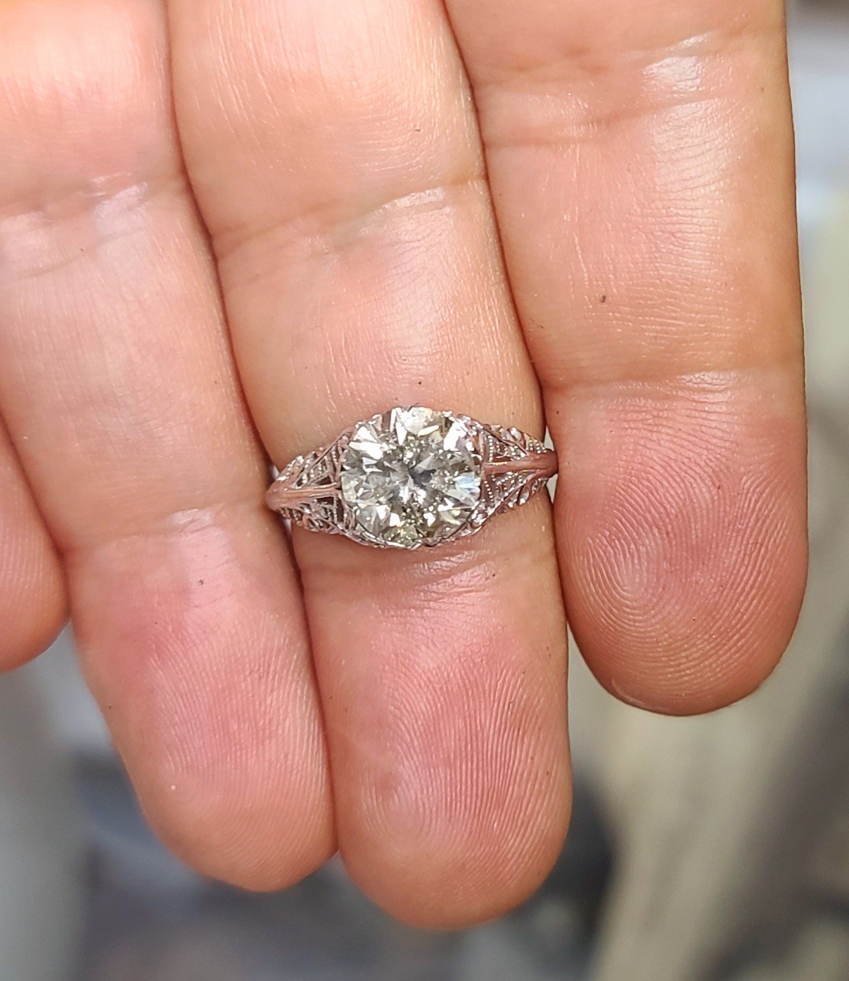 Vintage 18k White Gold Engagement Ring 2.75ct Natural Light Champagne Diamond