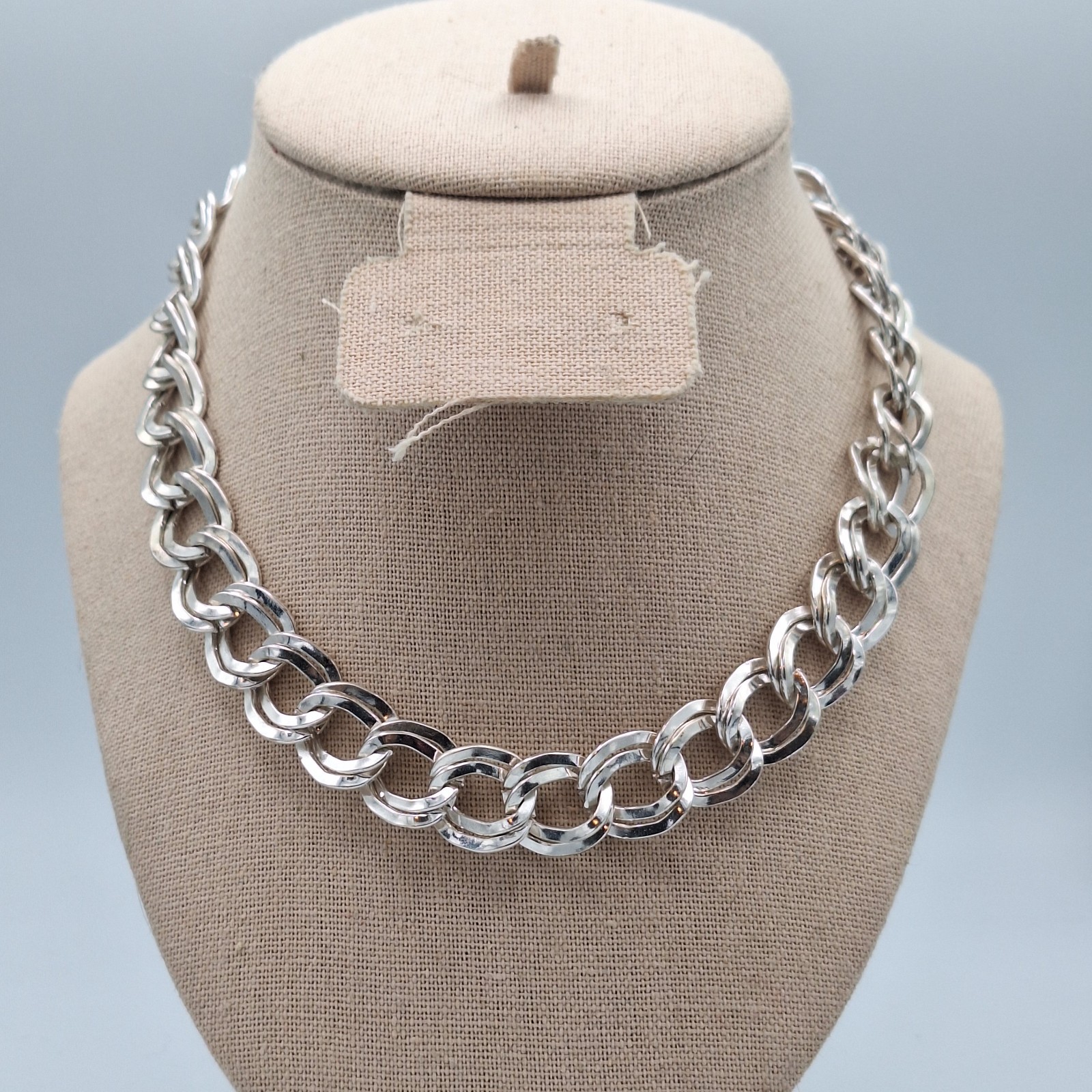 Crown Trifari Metal Double Link Chain Necklace Silver Tone 18″