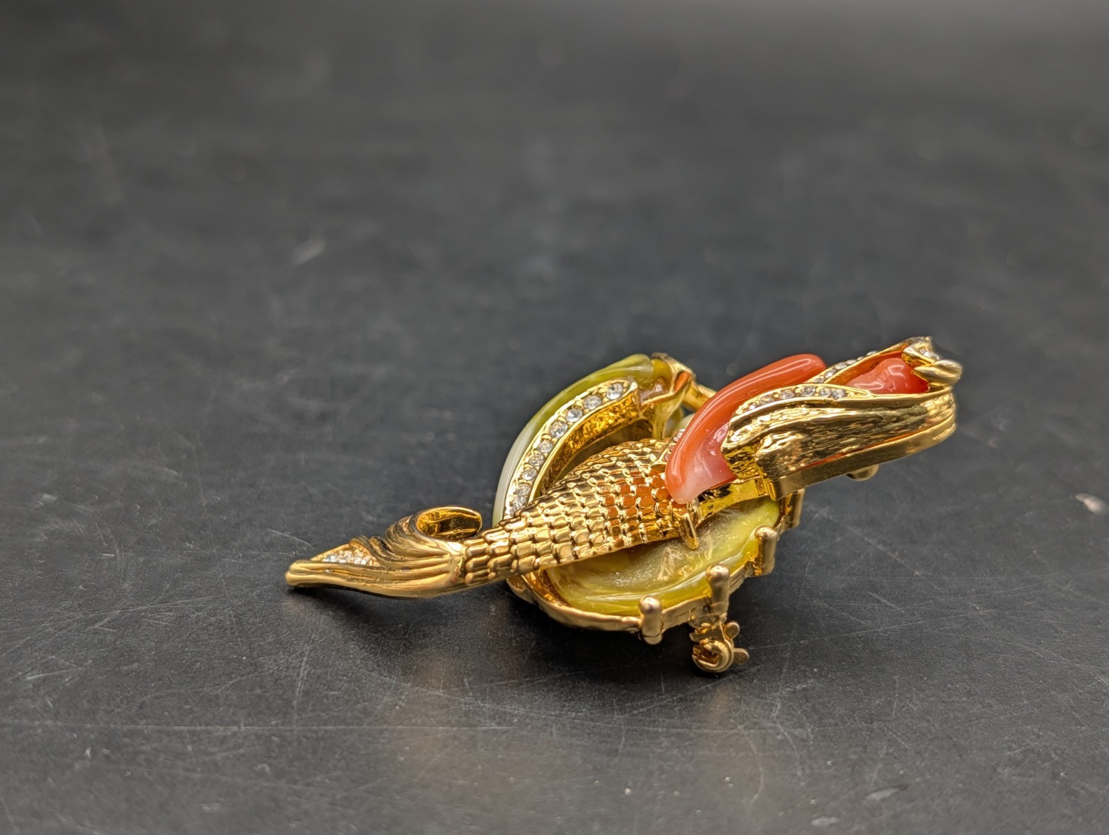 Vintage Hattie Carnegie Mermaid Gold Tone Green Orange Rhinestone 1960s Brooch