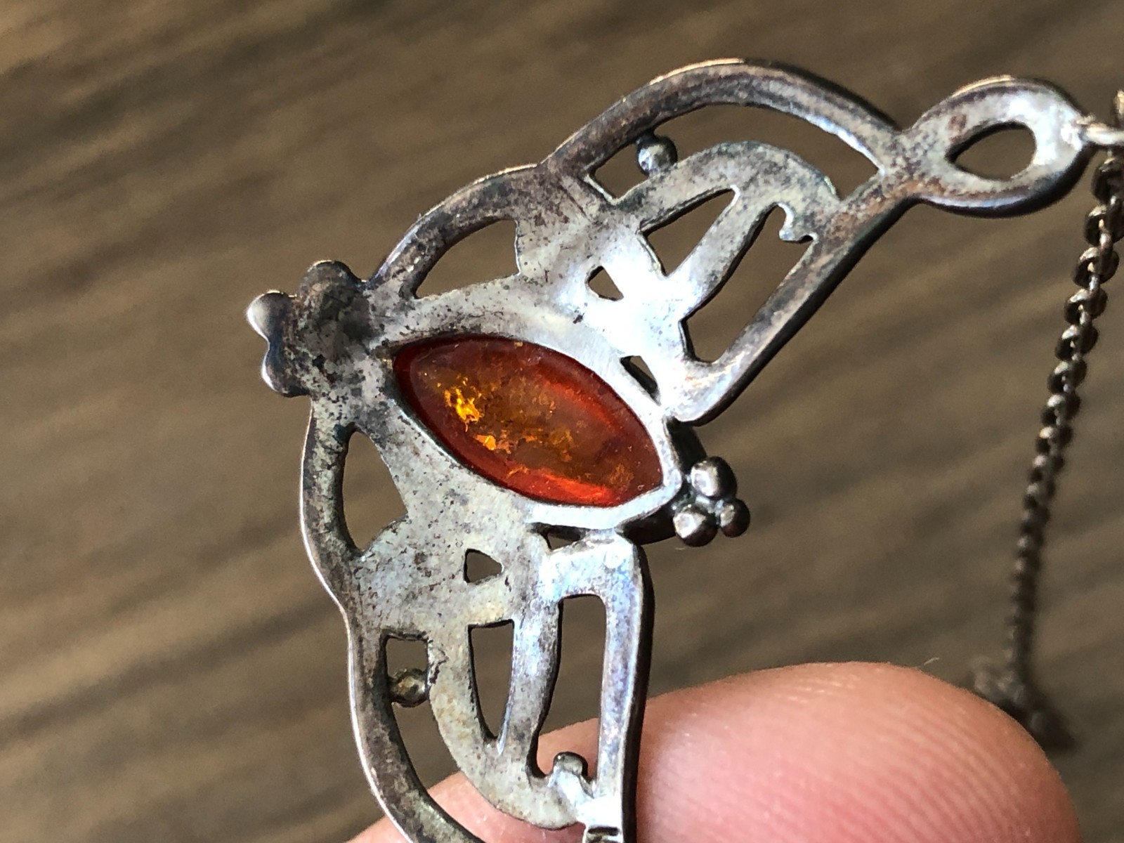 Vintage Kit Heath Sterling Silver & Amber Celtic Knot Pendant Necklace 18″