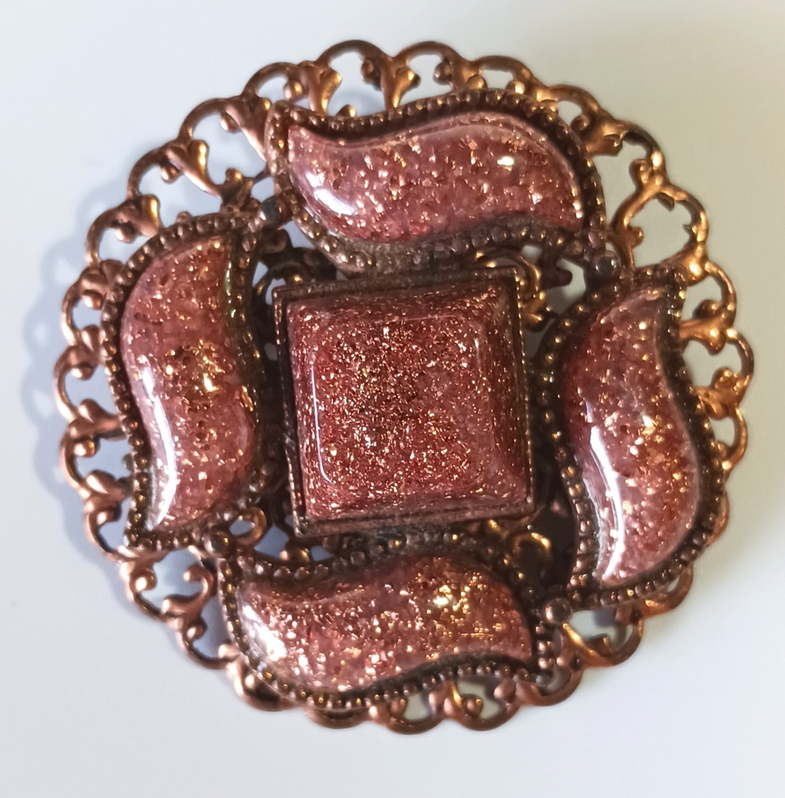 Vintage Filigree Copper? Brooch w Smooth Raised Speckled Goldstone-style Cabs