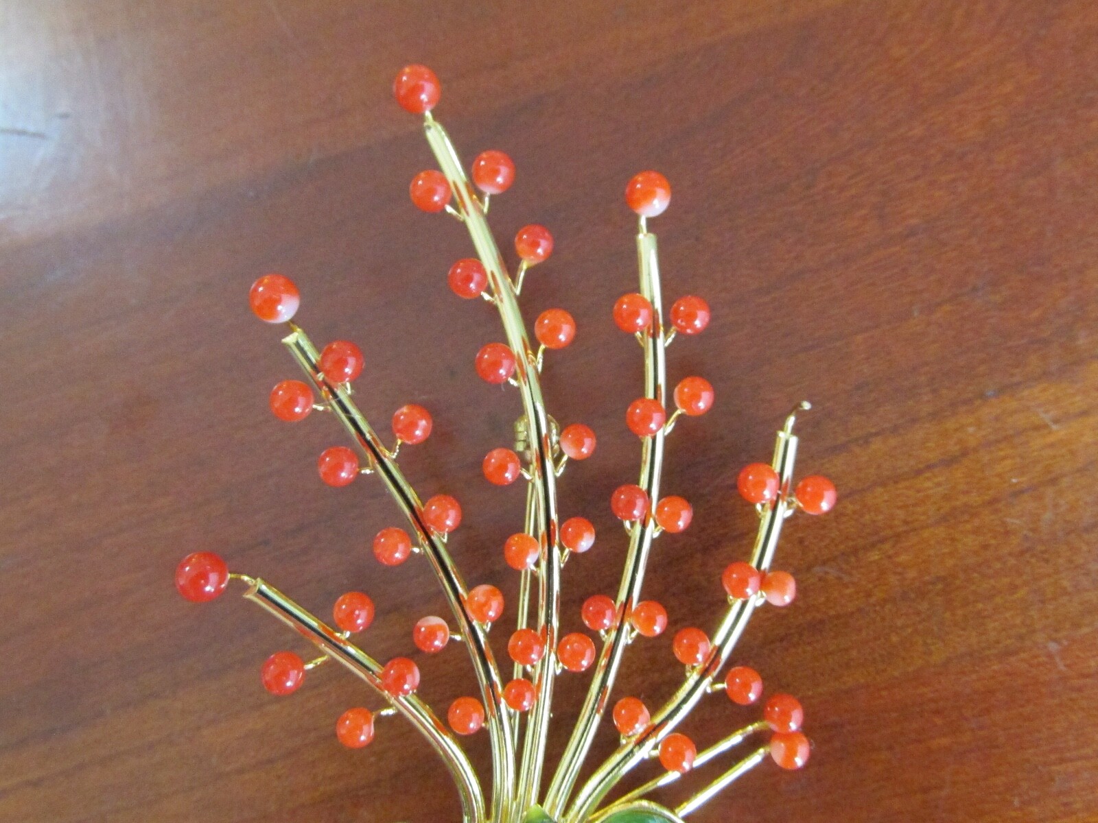 Vintage Genuine Coral Beads on Flower Branch w/ Jade Leaves Pin Brooch