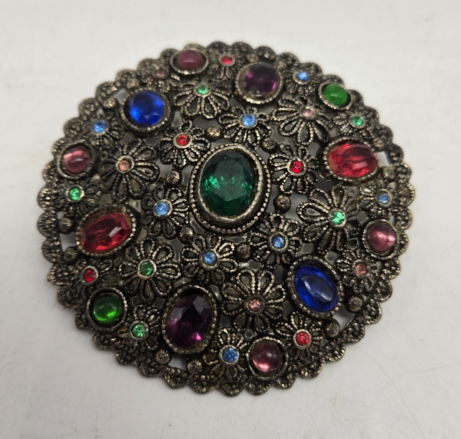 Antique New England Glass Works Rhinestone Brooch Filigree Vtg Signed Goblet