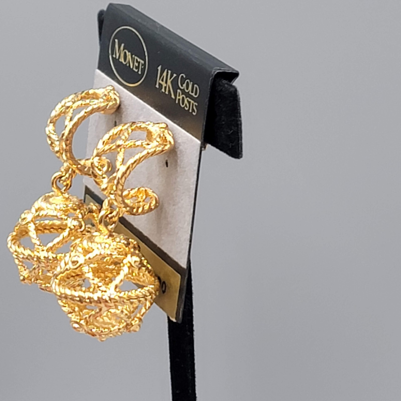 Vintage Filigree Open Work Monet Hoop Pierced Earrings Gold Plated Dangle 1.75″