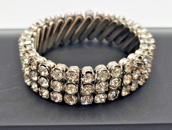 Vintage Made in Japan Rhinestone Expansion Bracelet Silver Tone