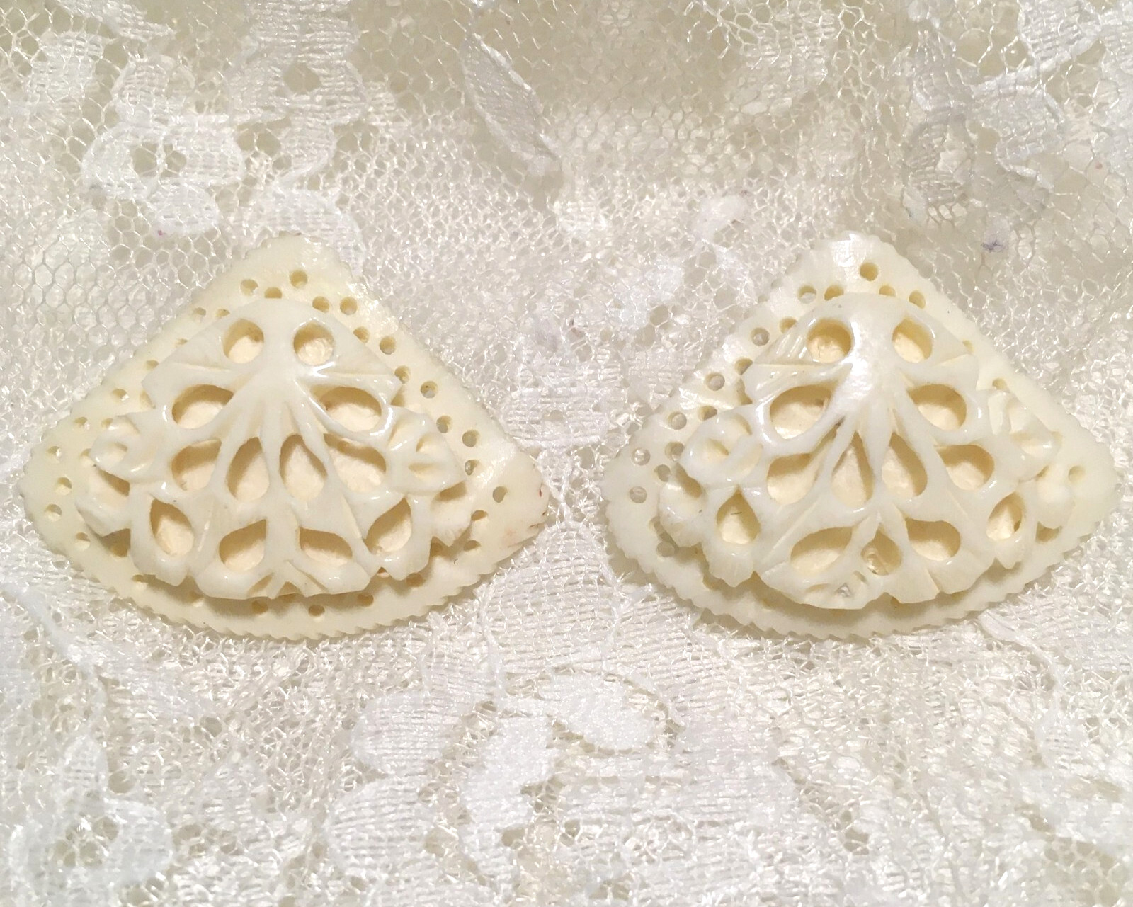 Vintage Mid Century Carved Celluloid Off White Earrings Floral intricate Elegant