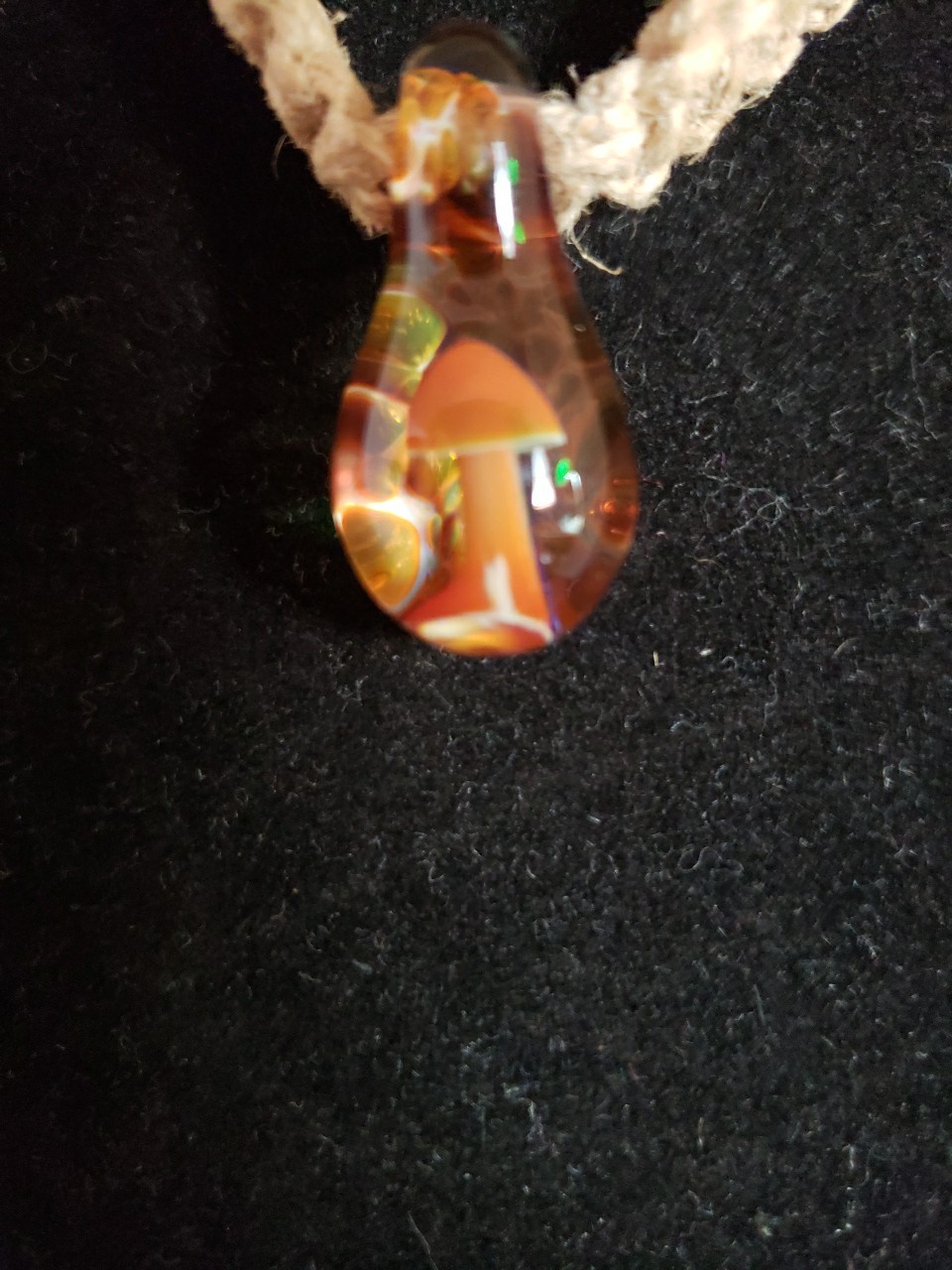 Vintage Blown Glass Hippie Mushroom Pendant Hemp Rope Necklace BOHO 15″Tie Back