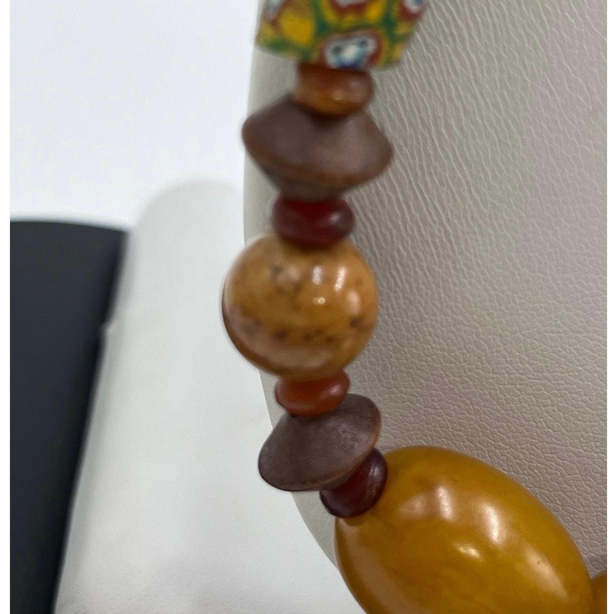 Antique Sterling Millefiori African Trade Bead Amber Resin Bakelite Necklace