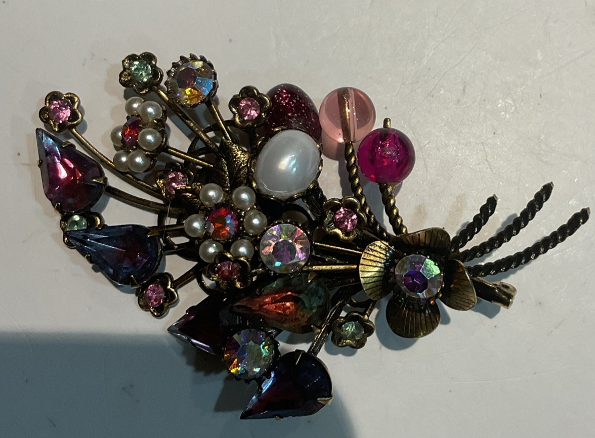 Vintage Brooch Multi Stone Flower Bouquet Design Gold Tone