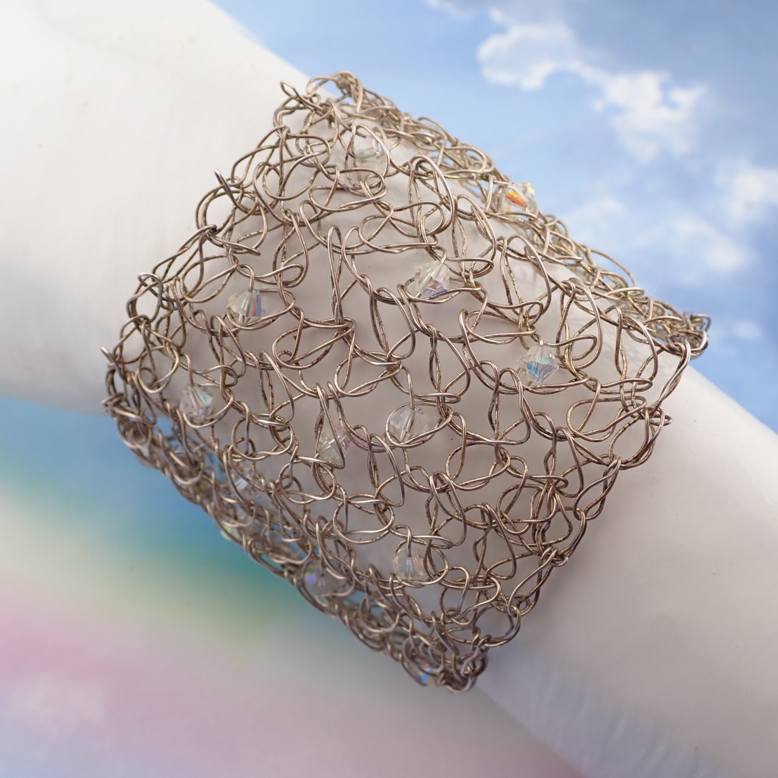 VTG Artisan Sterling Silver Wired Wide Crystal Mesh 6″ Wrap Bracelet 47.1 grams