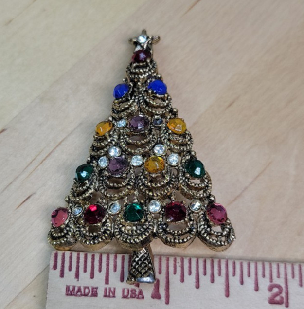VTG Christmas Tree Pin Brooch 1-Missing Stone 2″x1.5″