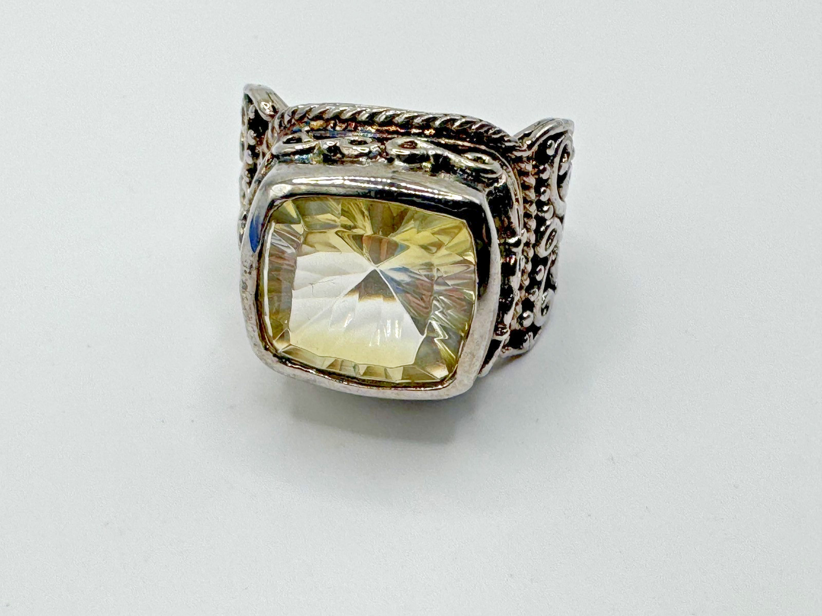 STERLING SILVER 925 CUSHION CUT YELLOW STONE FILIGREE RING WOMENS SIZE 8.25