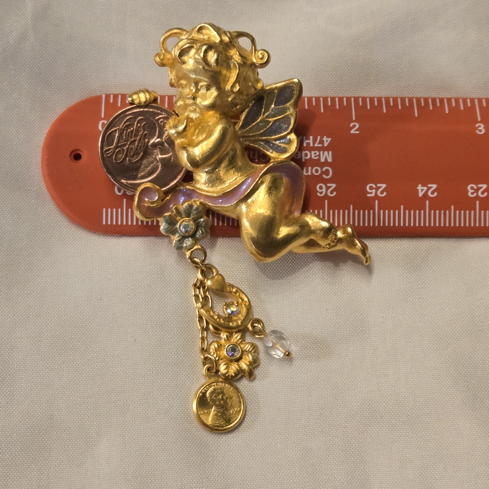 Vtg Kirks Folly Signed Lucky Penny Cherub Angel Rhinestone Gold Tone Brooch