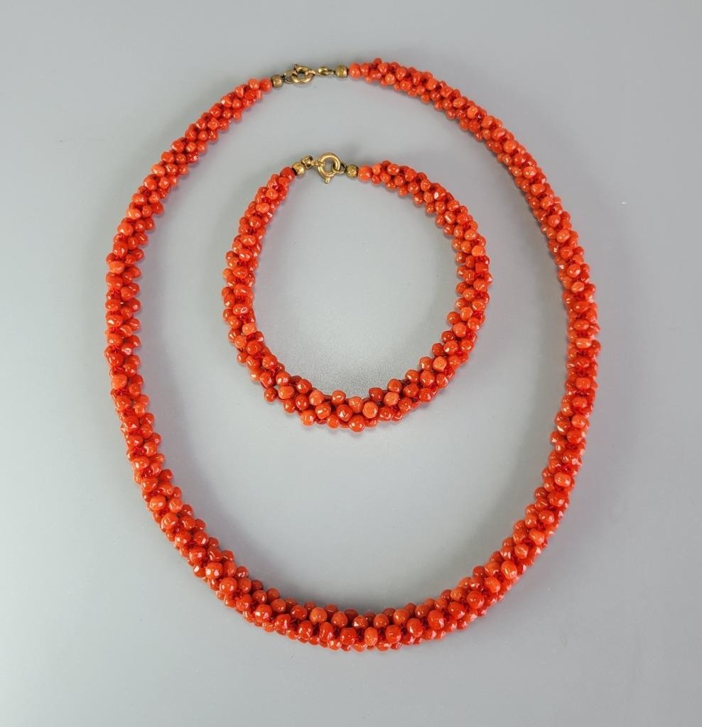 Vintage Necklace + Bracelet Set Braided Red Mediterranean Coral Beads