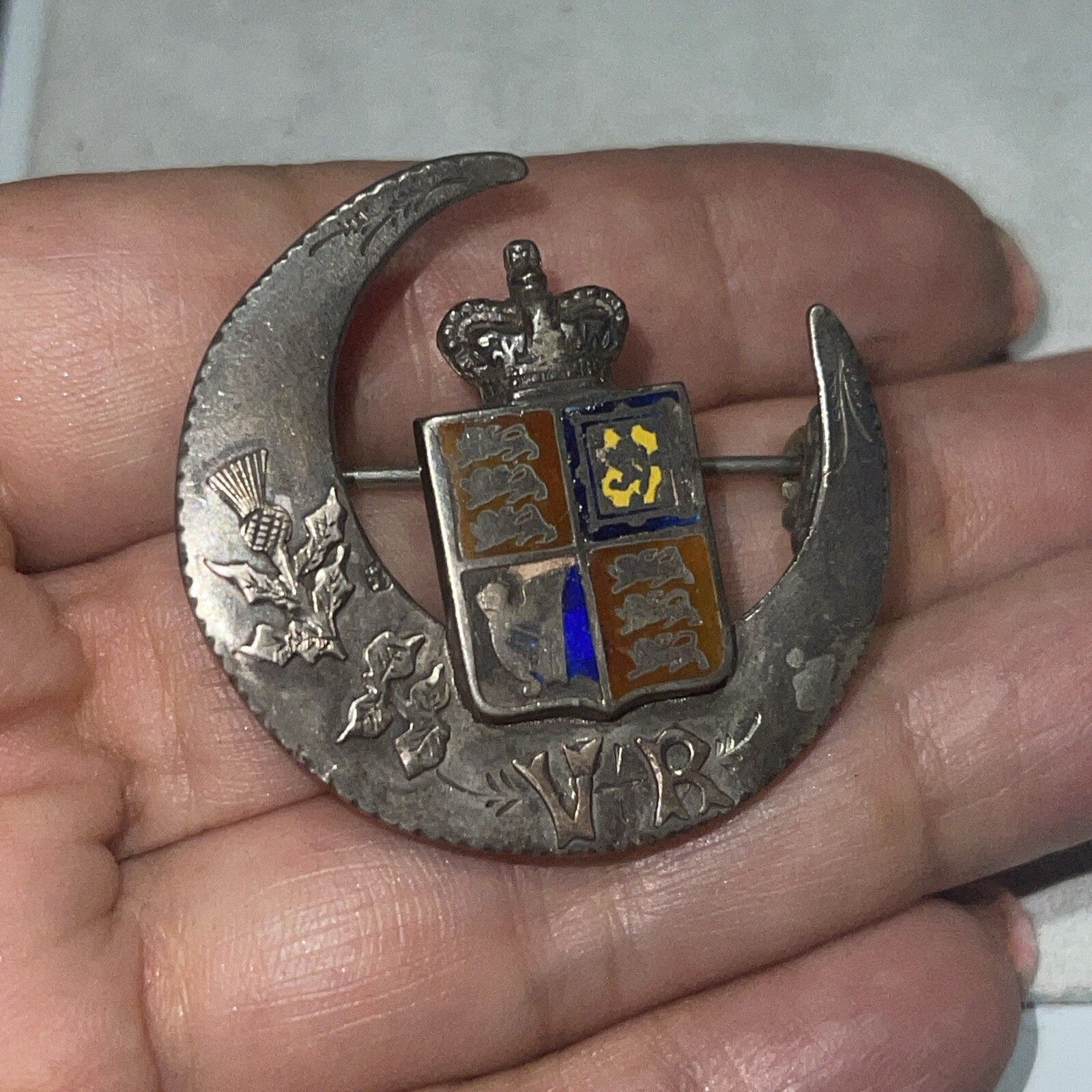 Antique 1886/1887 Queen Victoria Jubilee Sterling Silver Pin Enamel VR