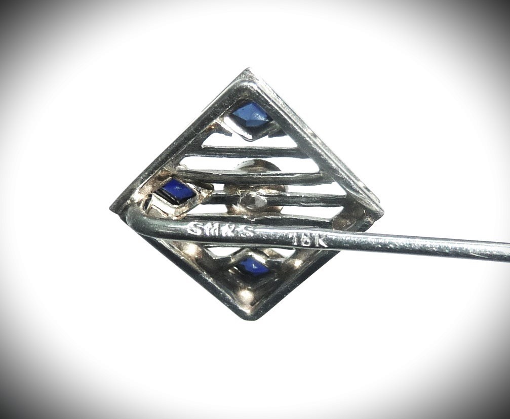 BEAUTIFUL ANTIQUE CIRCA 1920 18K WHITE GOLD DIAMOND SAPPHIRE STICK PIN BROOCH!