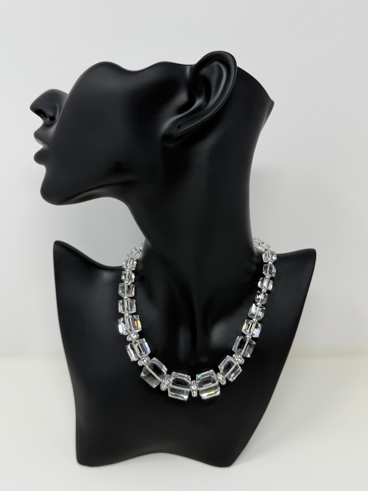 Swarovski Swan Signed Clear Emerald Cut Crystal Necklace Silver Tone 16in Read