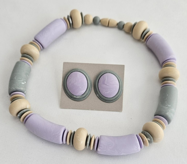 Avon ‘Sunbleached Colors’ Pierced Earrings and Choker Set – Lavender/Blue/Tan
