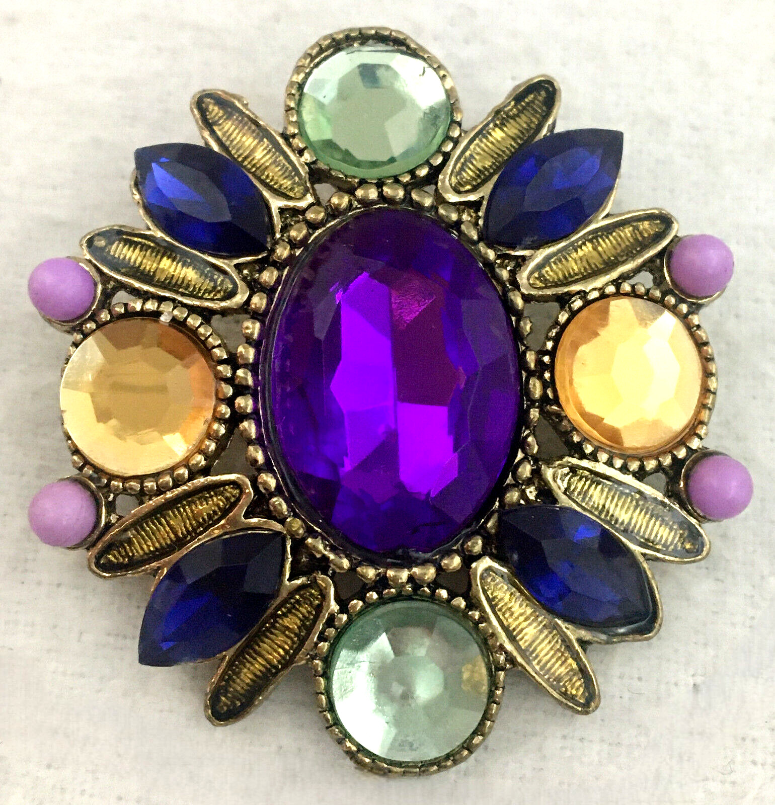 GoldTone Rhinestone Pendant Oval Embossed Faceted Purple Blue Yellow Vintage