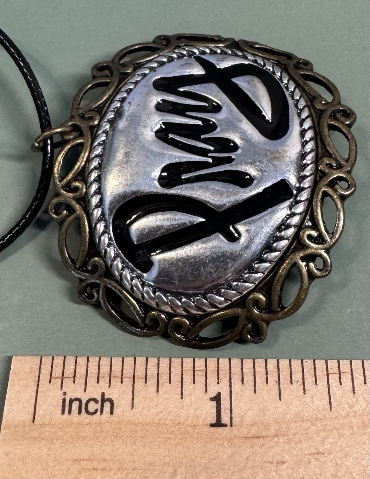 Beautiful Vintage Brassy & Silvertone Oval Pray Pendant On Cord Necklace