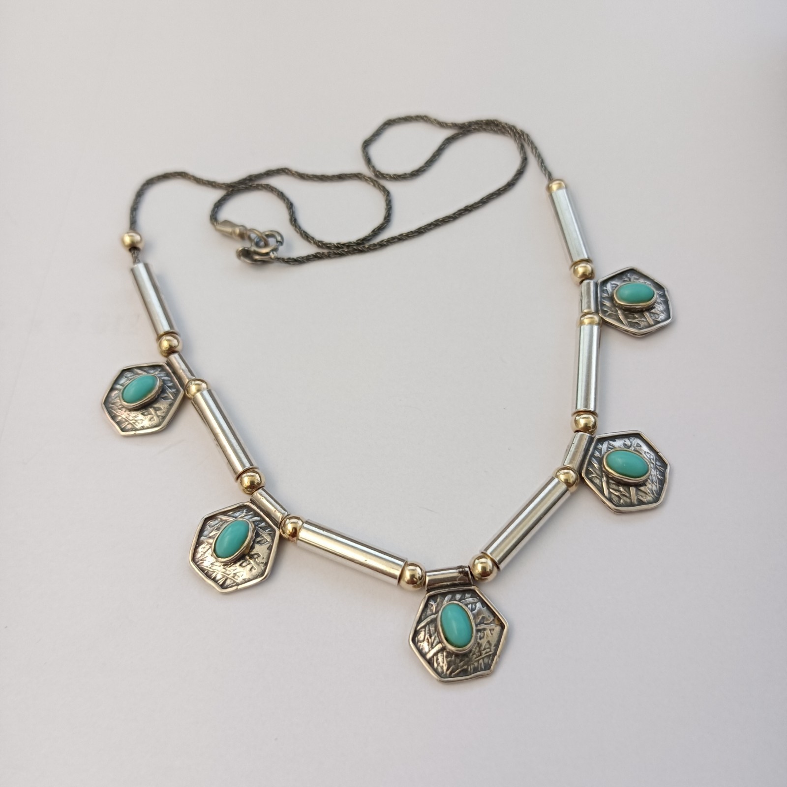 Vintage Artisan Necklace Sterling Silver 10k Gold Bead Geometric Drops Turquoise