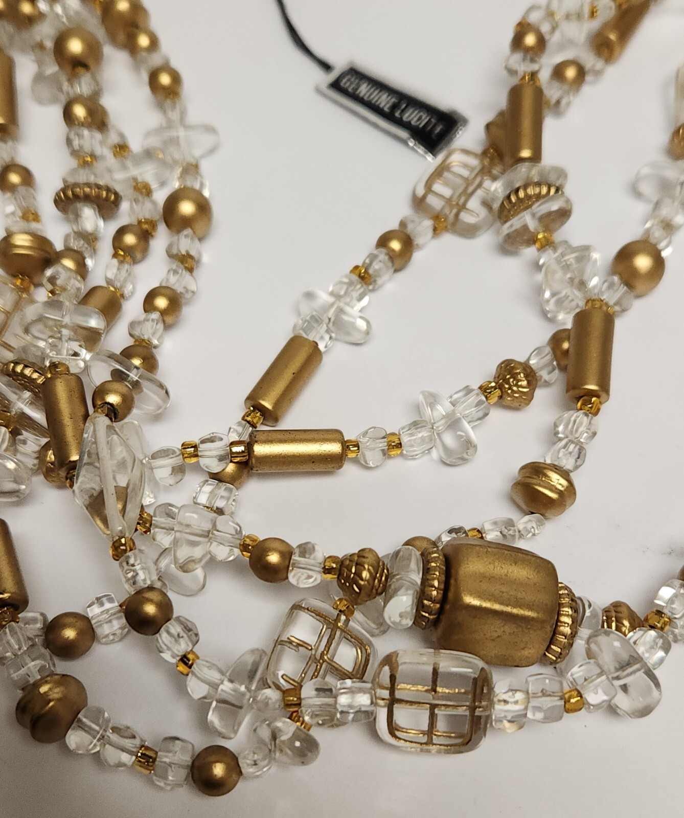 Gorgeous Vintage Clear & Gold Lucite Necklace 23.5″ x 4″ Orig Tag Made in China