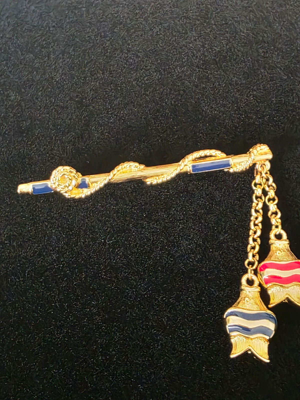 Trifari Fishing Pole Brooch • Enamel Fish Dangles • Nautical Vintage Pin