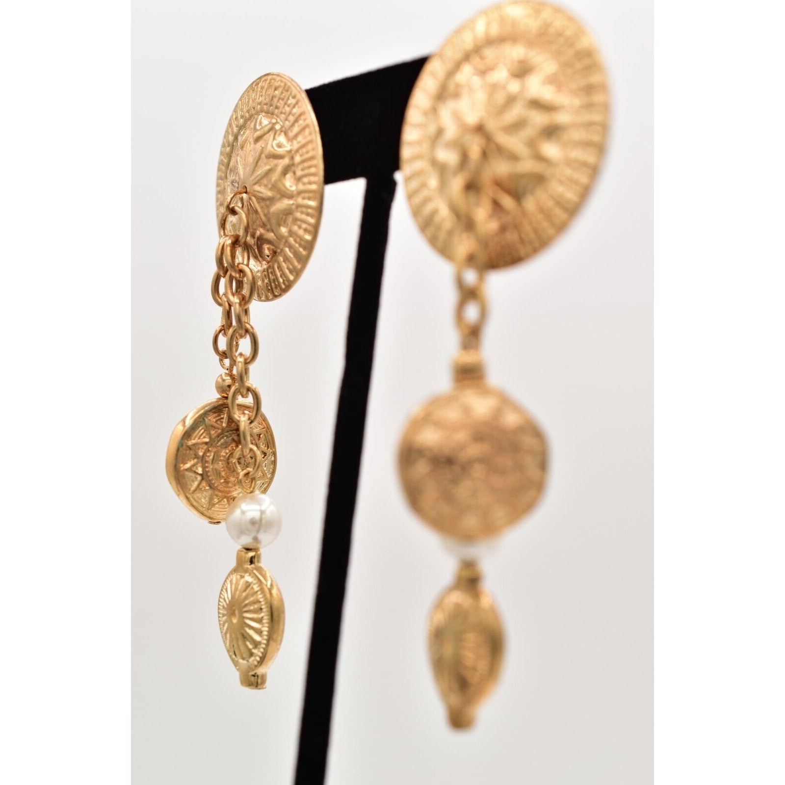 Vintage Coin Dangle Chain Earrings 3″ Pearl Etruscan Gold Chunky NOS 80s BinA18