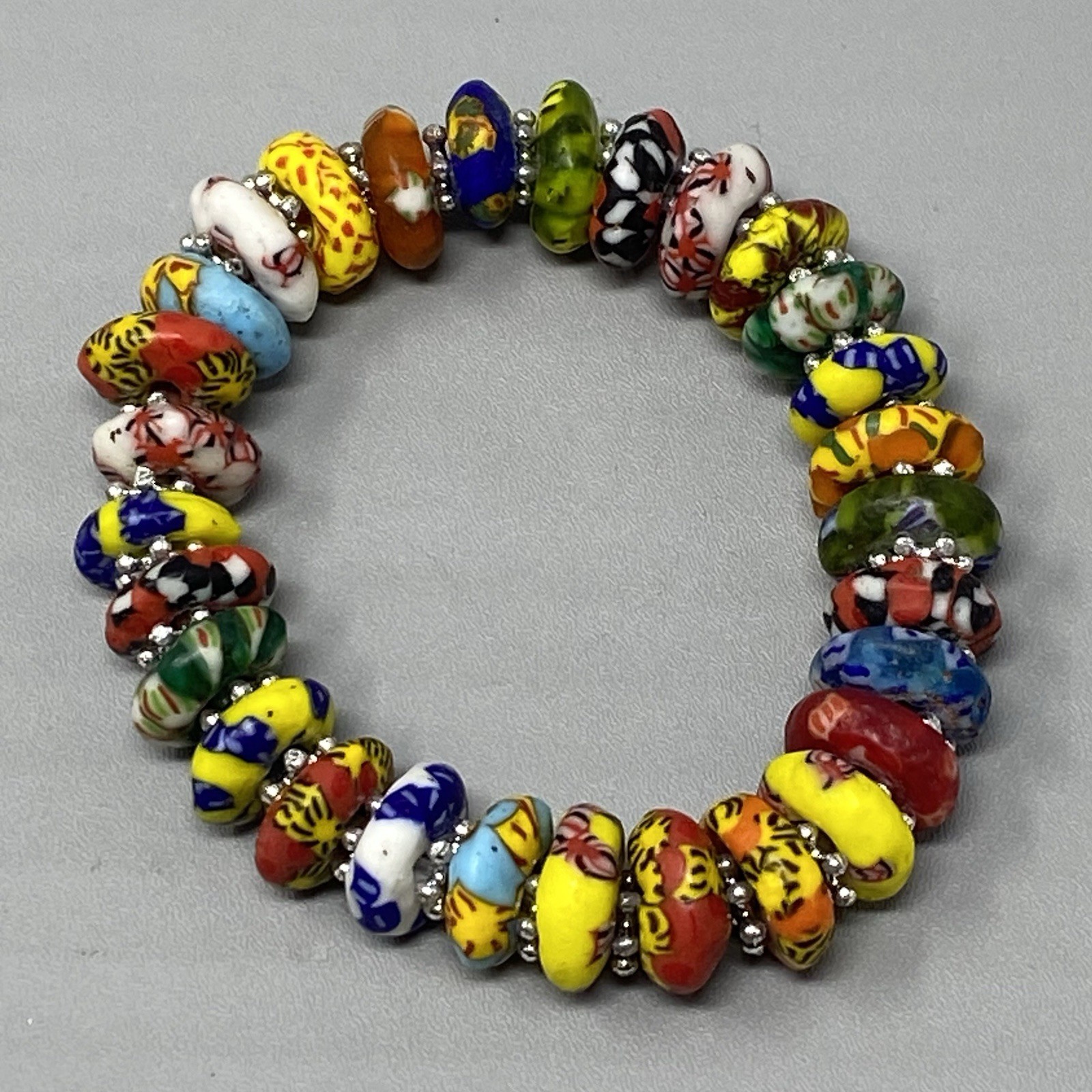 Krobo Beaded Bracelet Stretch Recycled Glass Ghana Multicolor Rondelle Donut 6.5