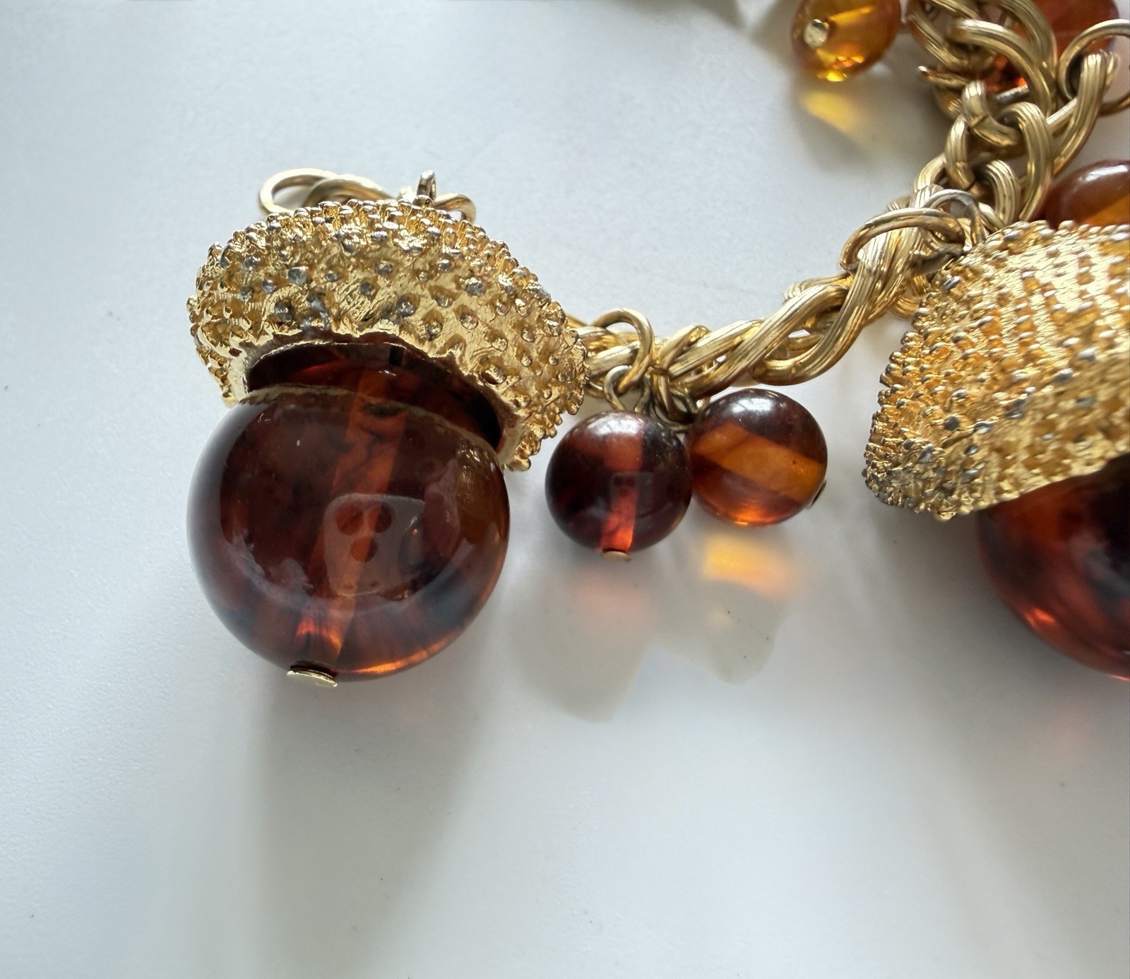 Vintage MCM Chunky Acorn Charm Bracelet Oversized Amber Glass Style Lucite Gold