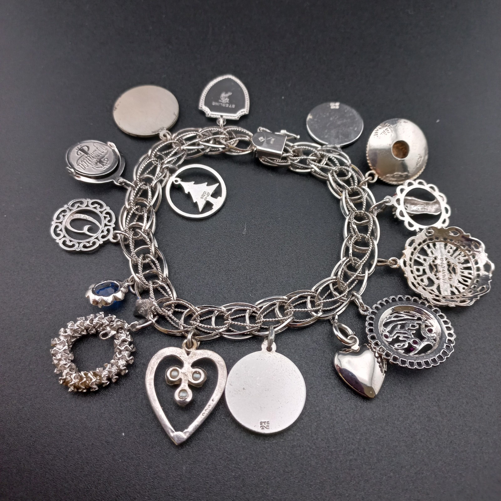 VTG Sterling Silver Charm Bracelet 44g 15 Charms Loaded Mother Travel 925 Heavy