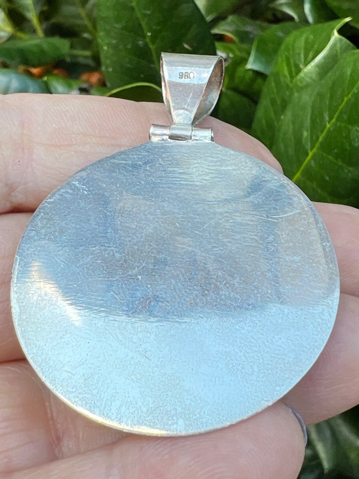 VINTAGE LARGE 980 FINE STERLING SILVER OVERSIZED LAPIS INLAID STATEMENT PENDANT