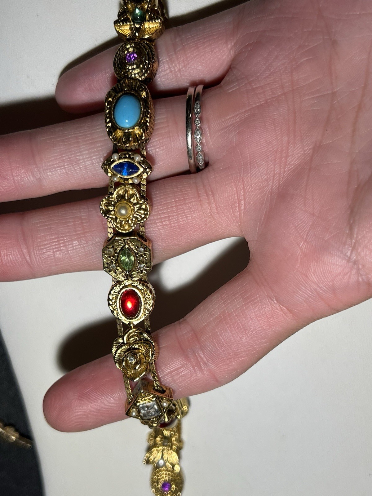 Vintage Victorian Revival Metal Tone Multi Gem Slide Bracelet Sz 7