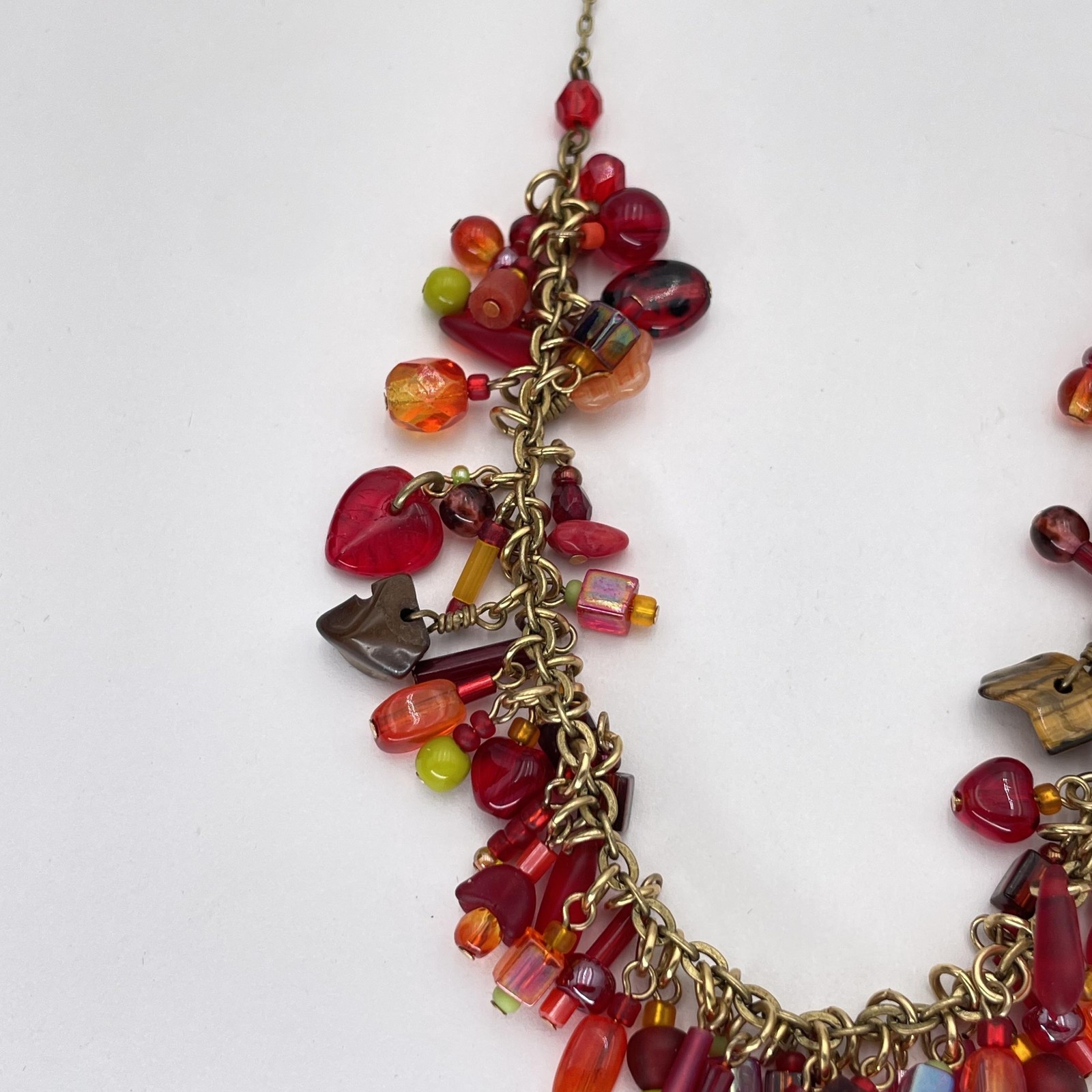 Red Multicolor Beaded Statement Bib Necklace Brass Chain Boho Jewelry