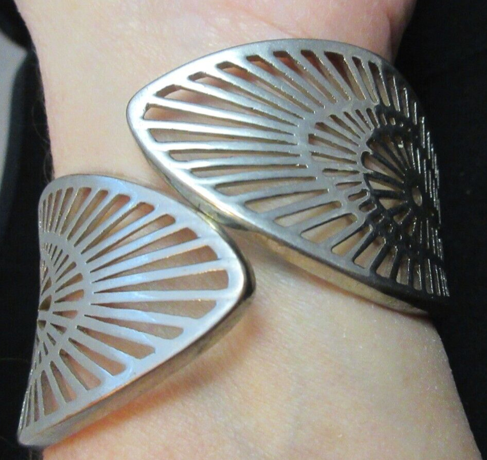 Wide Vintage Hinged Open Work Clamper Cuff Bracelet Silver Tone Wrap Around Look