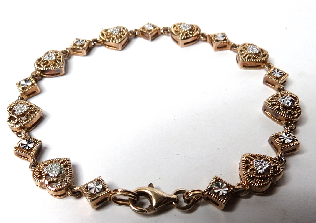 VINTAGE WOMEN HEART BRACELET GOLD TONE 925 STERLING SILVER 7″ LONG