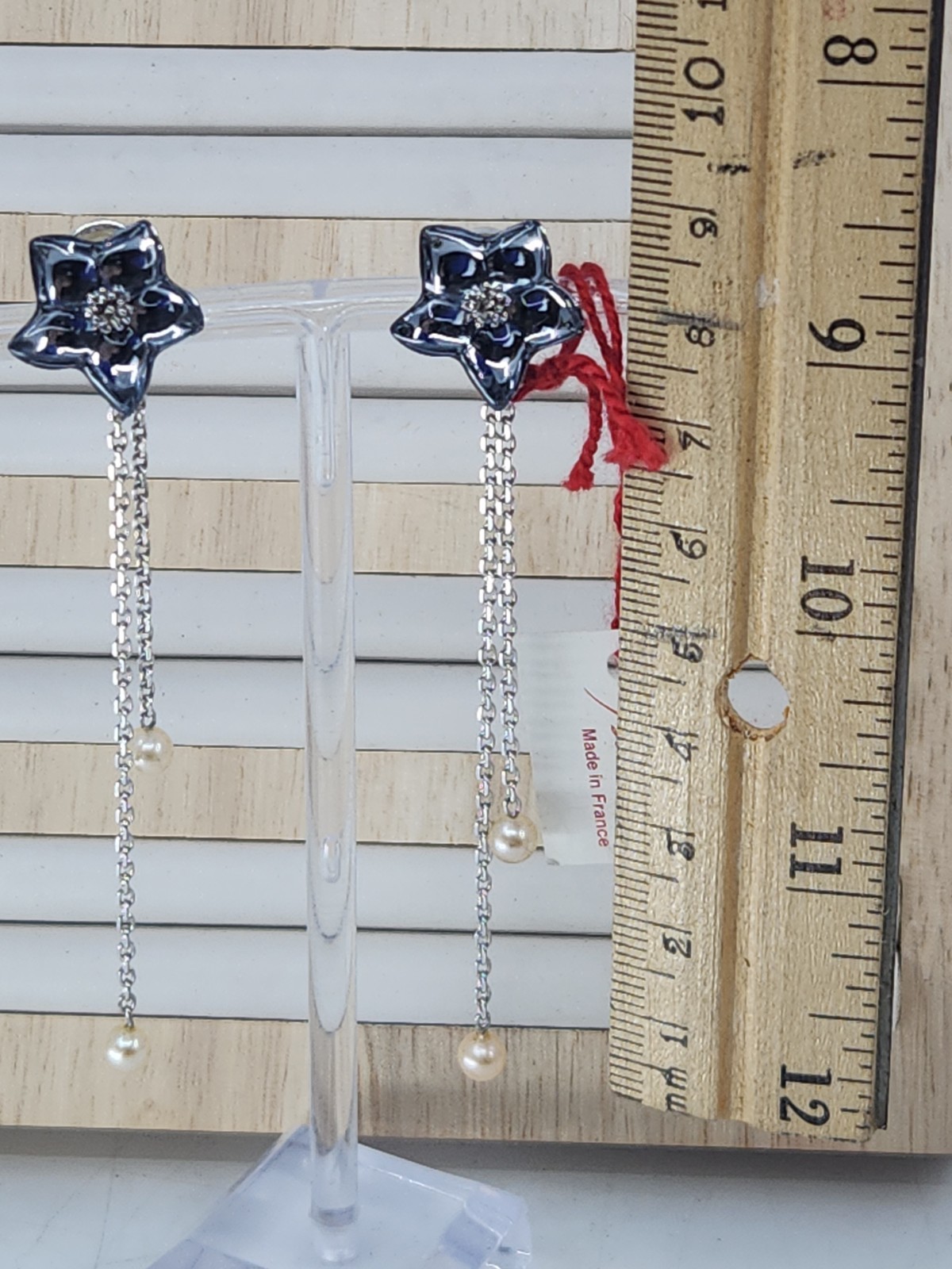 Authentic Baccarat France Crystal Flower Pearl Chain Dangle Clip Earrings 925