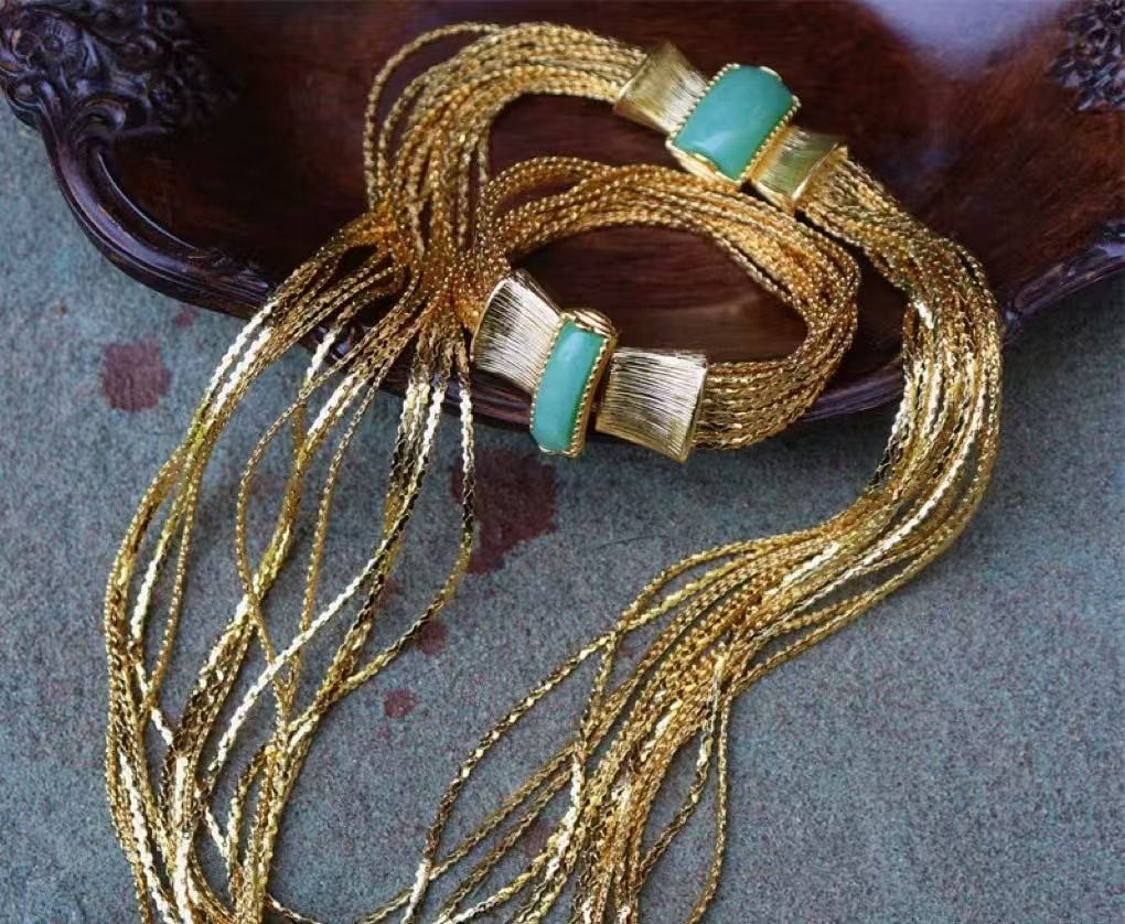 Vintage Style Gold Multi Chain Necklace & Bracelet Green Stone Statement Jewelry