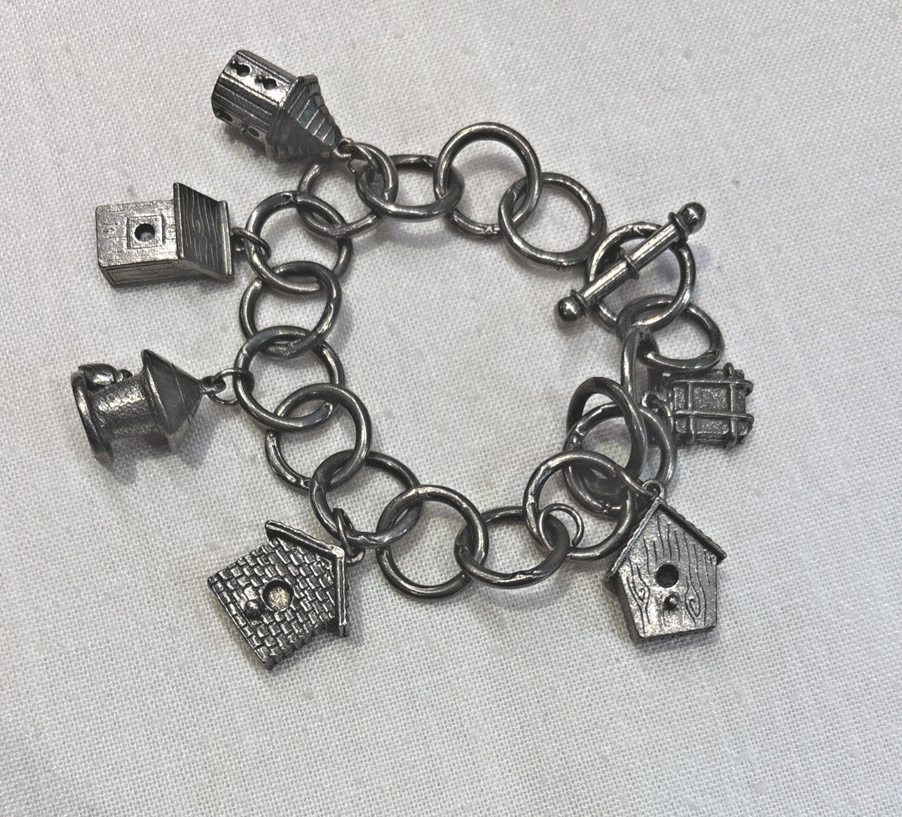 Vintage Jim Clift Pewter Signed Birdhouse Charm Bracelet
