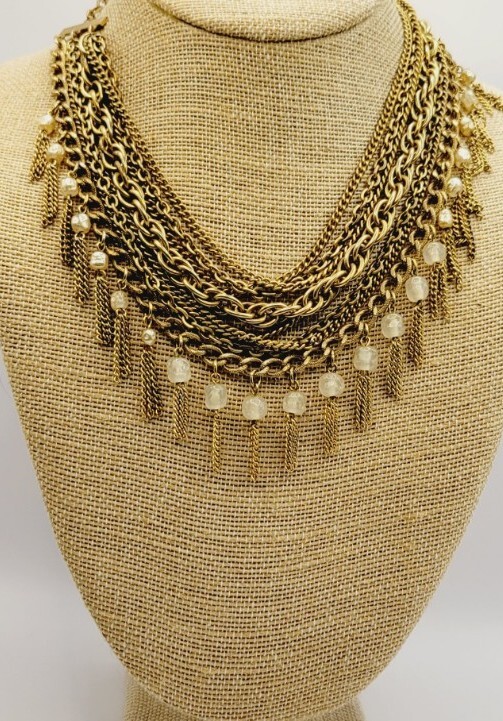 Fringe Necklace Vintage 8 Layers Layered Gold tone Multichain Beaded 16.5″