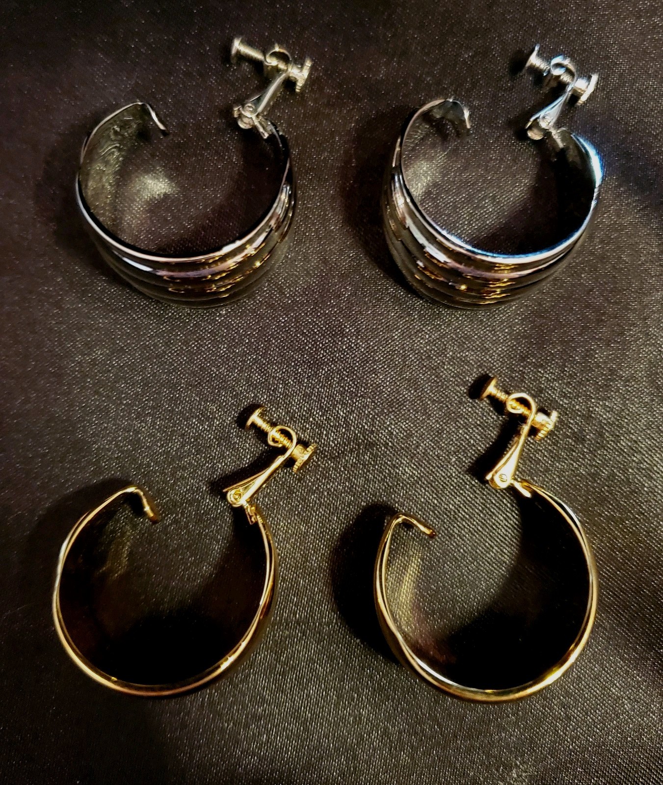 NAPIER Vtg Earring Set, Adjustable Clip- on Hoops, 1 Silver & 1 Gold, Embossed