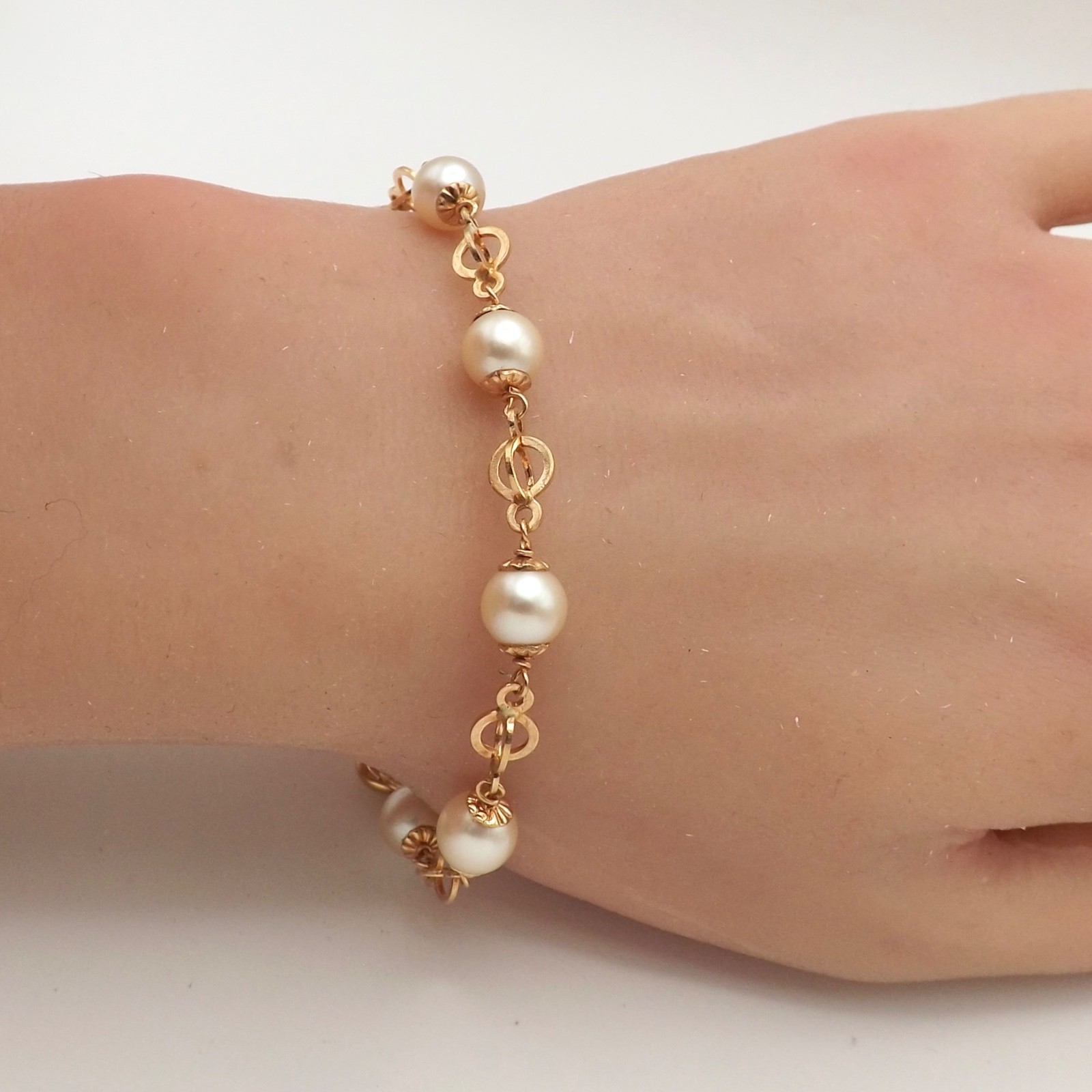 Solid 18k Gold Akoya Pearl Stations Circles Link Bracelet Vintage 750 Italy 7.5″