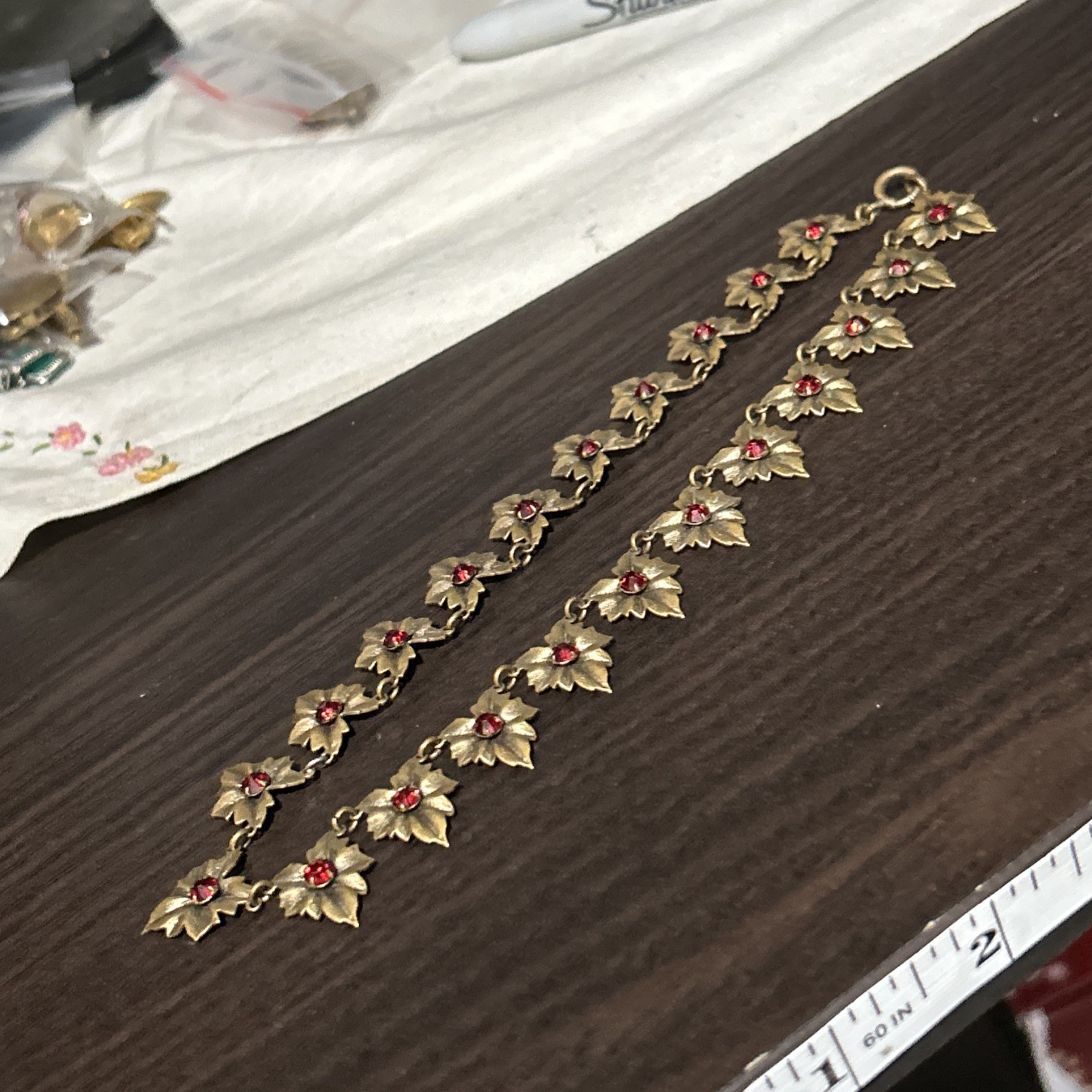 Vintage Bronze Leaf Red Garnet Glass Statement Necklace Choker 15”