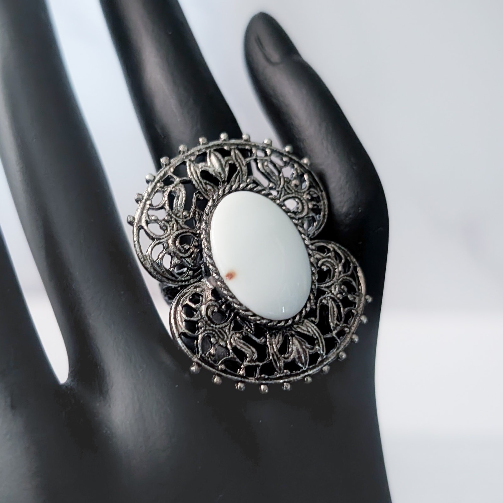 Vintage Ring Extra Large Dark Silver Tone with White Center Statement