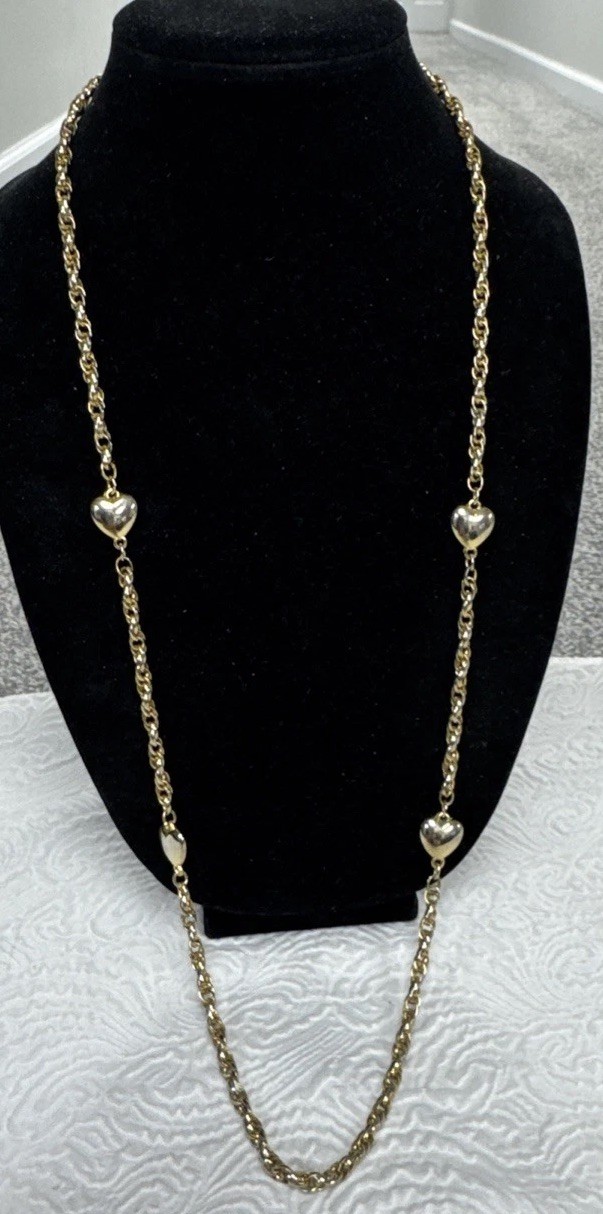 Vintage Gold Tone Multiple Puffed Heart Charms Station 36” Necklace